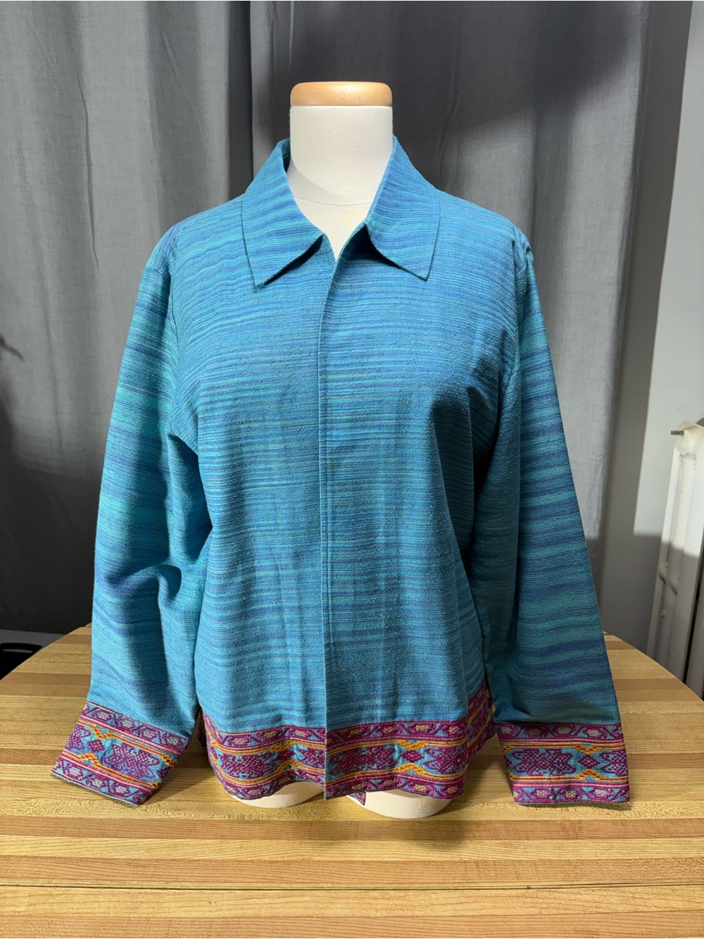 Coldwater Creek Teal Silk Jacket with Embroidered Cuffs and Hem
